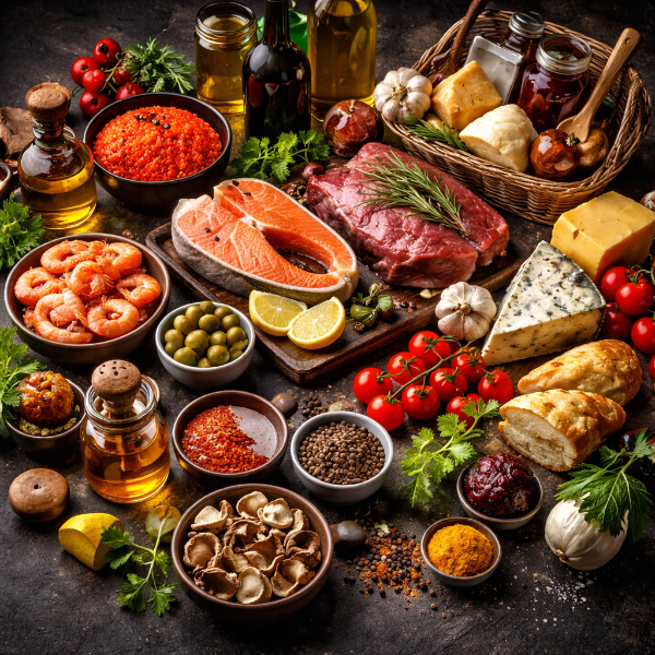 Подборка премиальных продуктов Club Market: лосось, мясо, сыр, специи, оливки